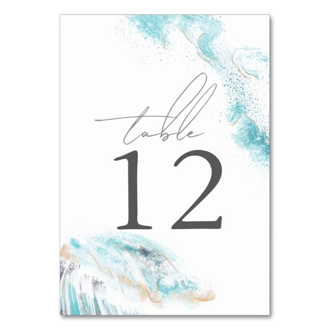 Splashing Blue Waves Coastal Wedding Table Number (Front)