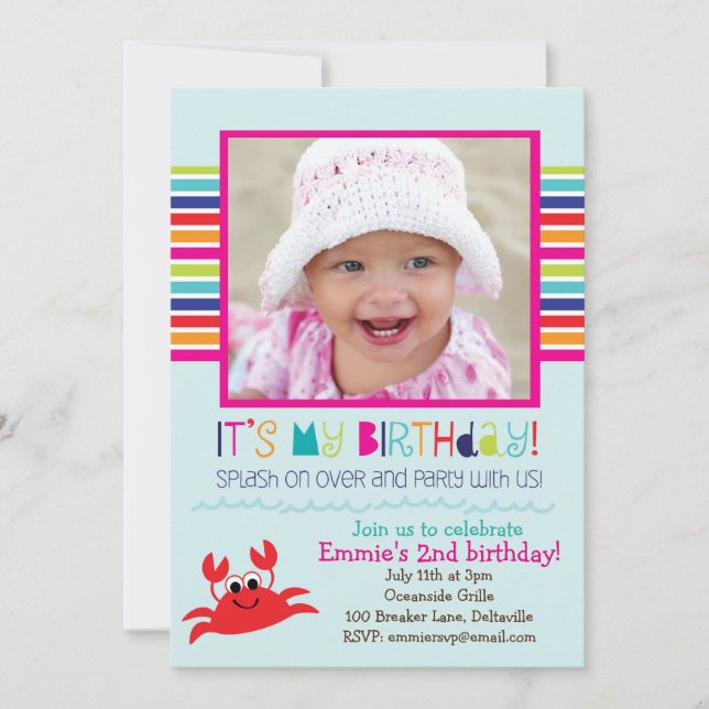 Splashing Crab Summer Birthday Party (Girls) Invitation (Front)