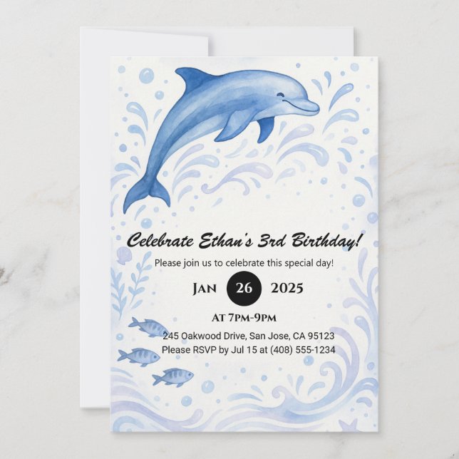 Splashing Dolphin & Ocean Swirls Birthday  Invitation (Front)