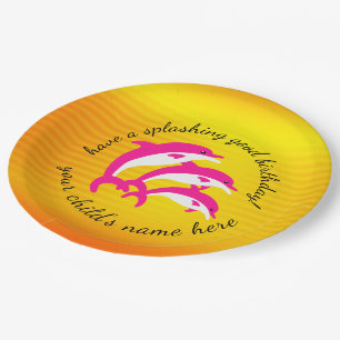 Splashing Good Birthday Dancing Pink Dolphins Paper Plate