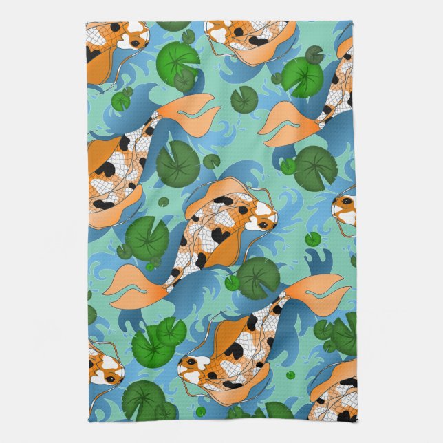 Splashing Koi Fish and Pond Lilies Custom Tea Towel (Vertical)