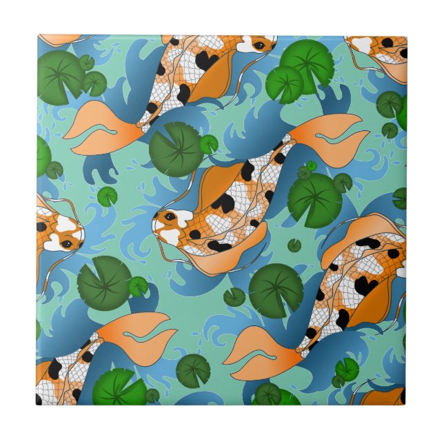 Splashing Koi Fish and Pond Lilies Custom Tile (Front)