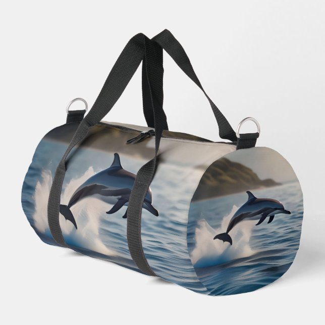 Splashing Leaping Dolphin: A Dance of Joy in Ocean Duffle Bag (Left Corner)