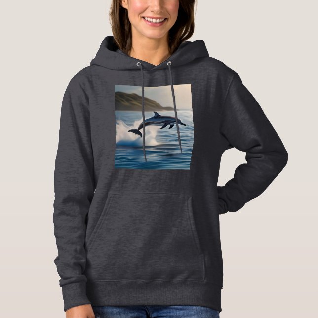 Splashing Leaping Dolphin: A Dance of Joy in Ocean Hoodie (Front)