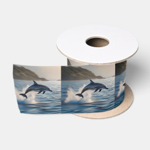 Splashing Leaping Dolphin: A Dance of Joy in Ocean Satin Ribbon