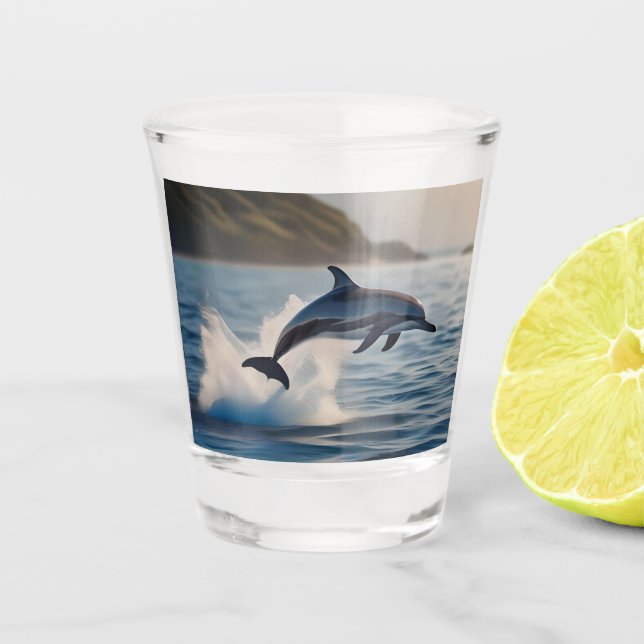 Splashing Leaping Dolphin: A Dance of Joy in Ocean Shot Glass (Front)