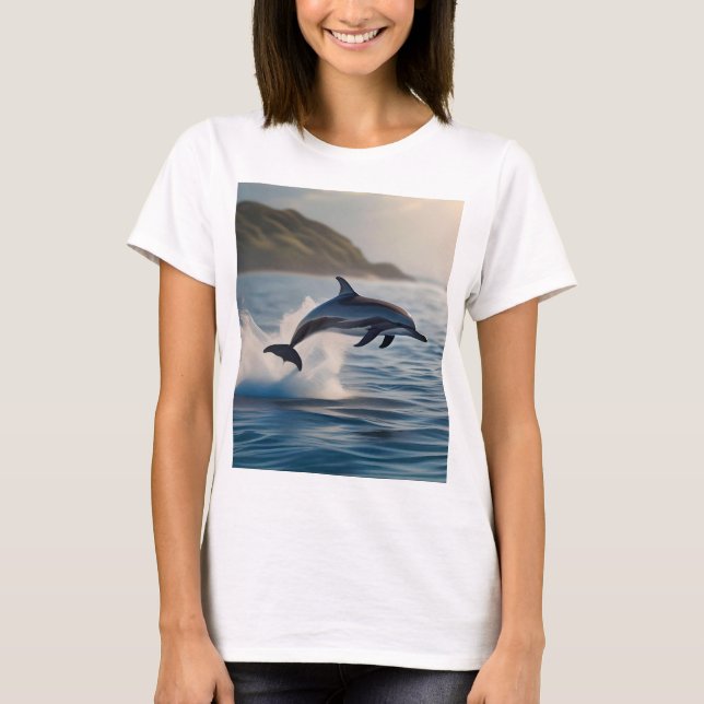 Splashing Leaping Dolphin: A Dance of Joy in Ocean T-Shirt (Front)