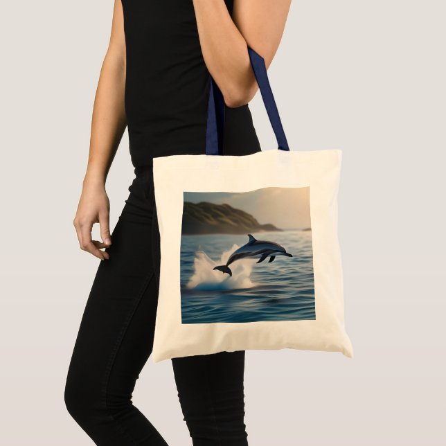 Splashing Leaping Dolphin: A Dance of Joy in Ocean Tote Bag (Front (Product))