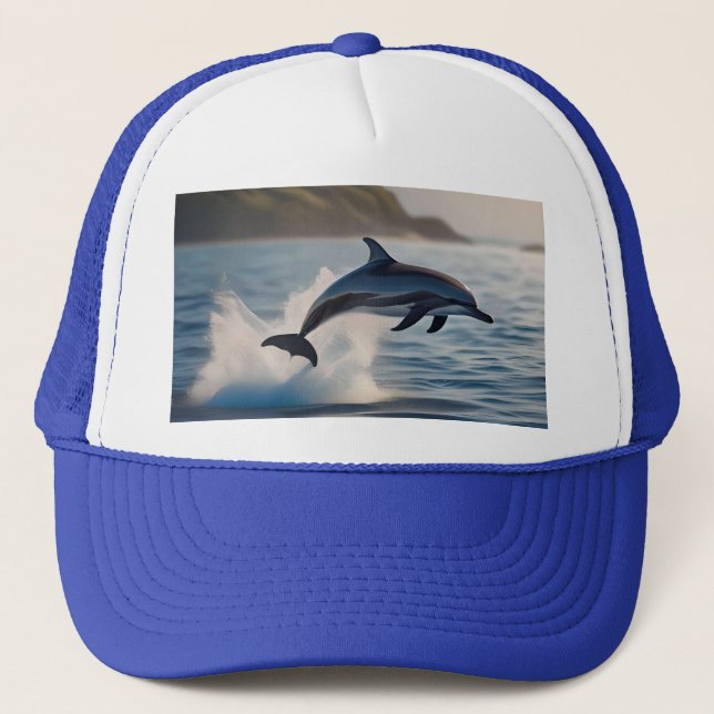 Splashing Leaping Dolphin: A Dance of Joy in Ocean Trucker Hat (Front)