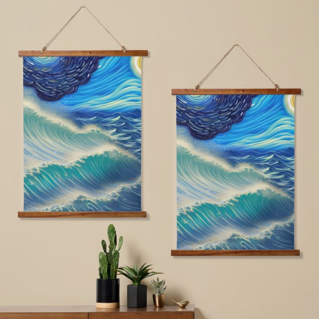 Splashing Seas of Blue in the Moonlight Hanging Tapestry (Asymmetrical)