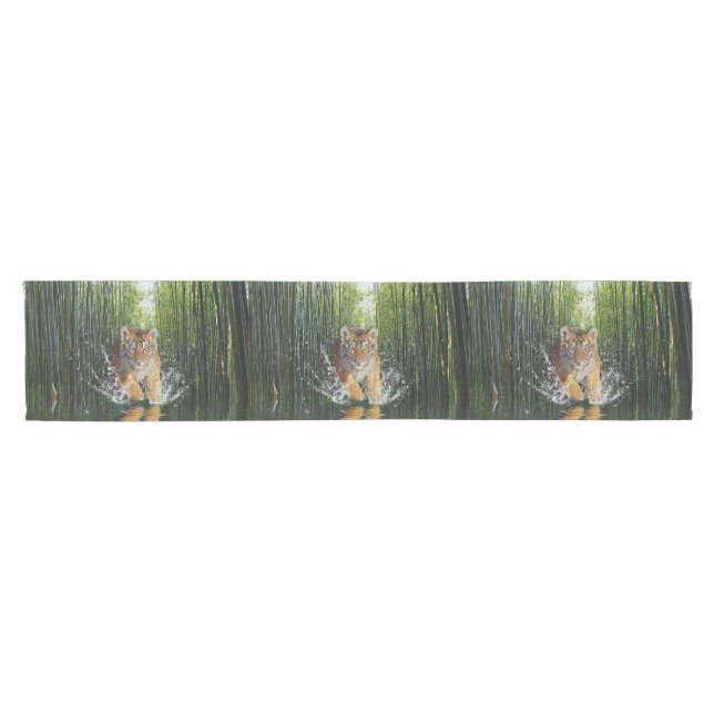 Splashing Tiger Cub and Bamboo Grove Short Table Runner (Horizontal)