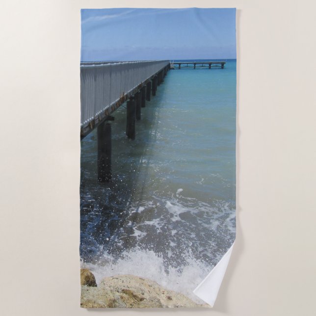 Splashing Waves on Wharf Design Beach Towel (Front)