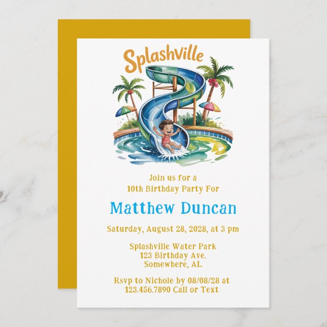 Splashville Water Slide Boy Birthday Party  Invitation (Front/Back)