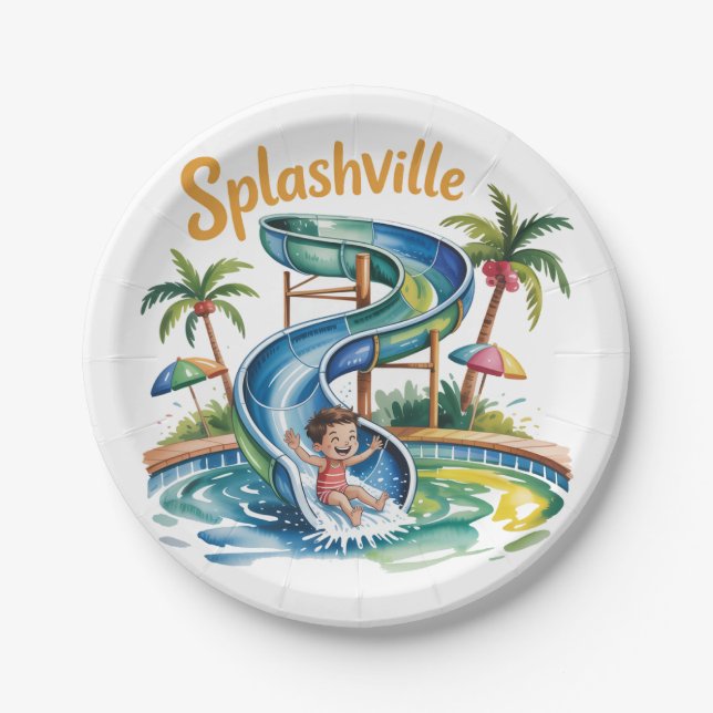 Splashville Water Slide Boy Birthday Party Paper Plate (Front)