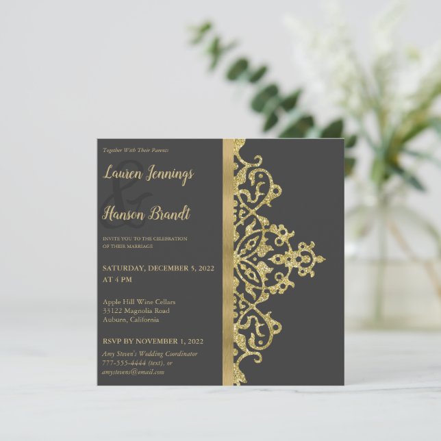 Splashy Gold Elegance Wedding Invitation (Standing Front)
