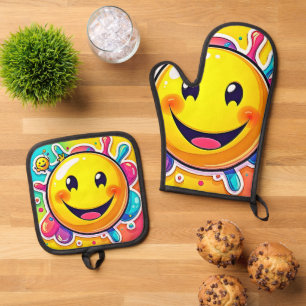 Splashy Happy Emoji Fun Oven Mitt & Pot Holder Set