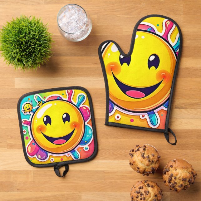 Splashy Happy Emoji Fun Oven Mitt & Pot Holder Set (Top Down)