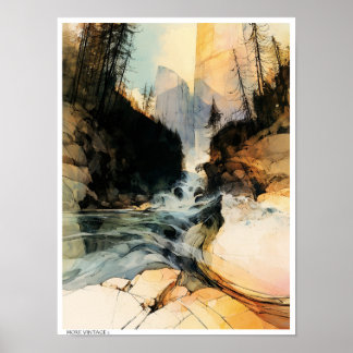 Splashy illustration of mountani stream. poster