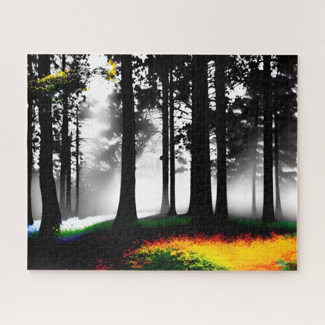 Splathered Rainbow Paint on Silhouette Forest Jigsaw Puzzle (Horizontal)