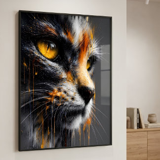 Splatter Art Cat Portrait Vibrant Orange & Grey Poster