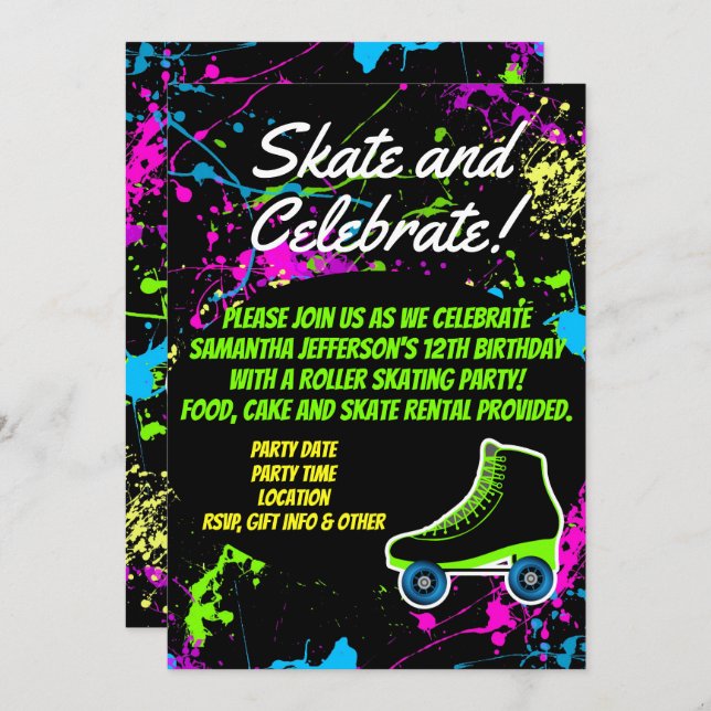 Splatter Glow Skate Roller Skating Birthday Party Invitation (Front/Back)