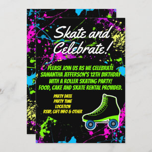 Splatter Glow Skate Roller Skating Birthday Party Invitation