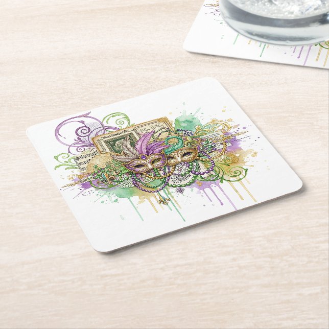 Splatter Mardi Gras collage Square Paper Coaster (Angled)