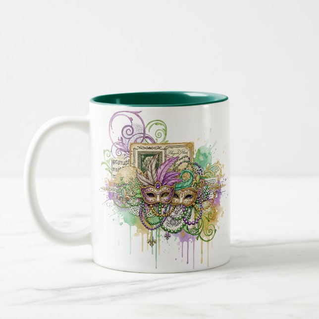 Splatter Mardi Gras collage Two-Tone Coffee Mug (Left)