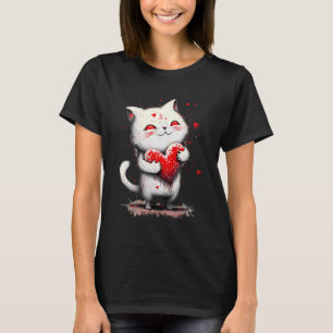 Splatter Paint Cat Hugging A Heart Shaped Pillow - T-Shirt
