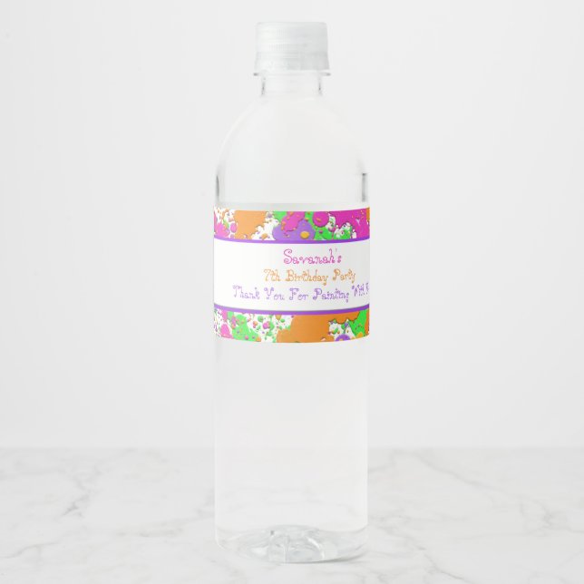Splatter Paint Party Personalised Water Bottle Label (Front)