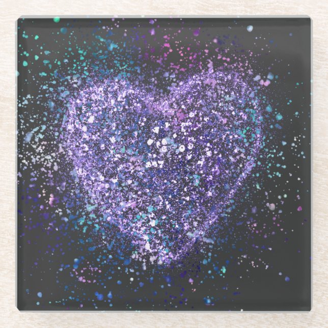 Splatter Paint Purple Heart Glass Coaster (Front)