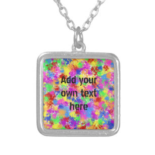 Splatter Paint Rainbow of Bright Colour Background Silver Plated Necklace