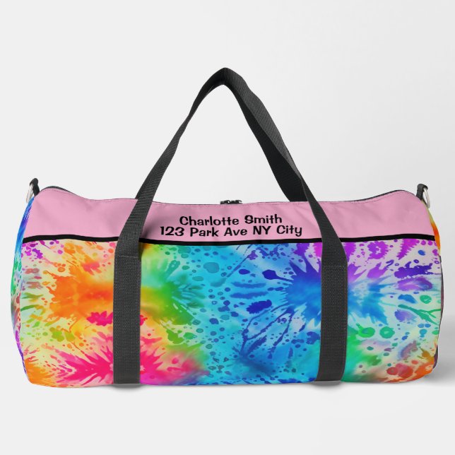 Splatter Rainbow Tie Dye monogram personalised Duffle Bag (Front)
