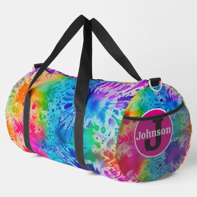 Splatter Rainbow Tie Dye monogram personalised Duffle Bag (Right Corner)