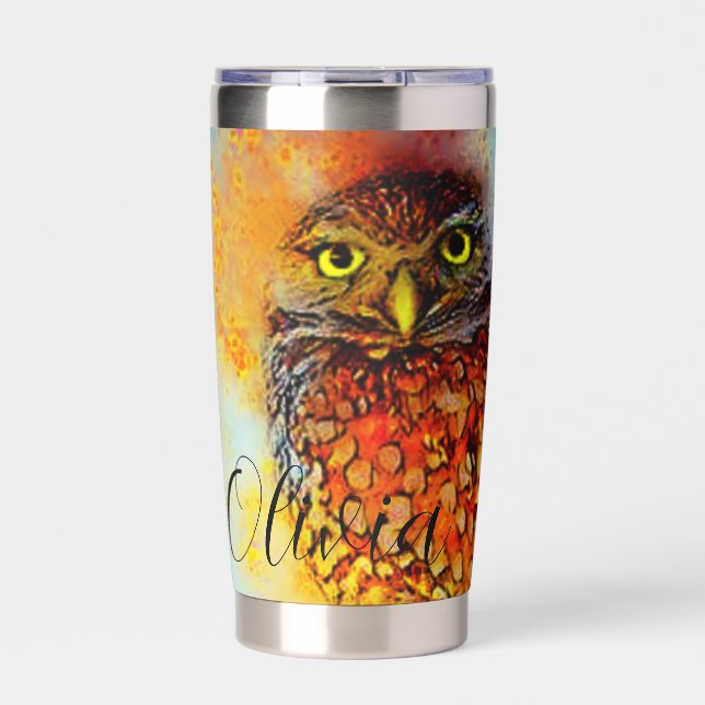 Splattered owl personalised  insulated tumbler (Front)