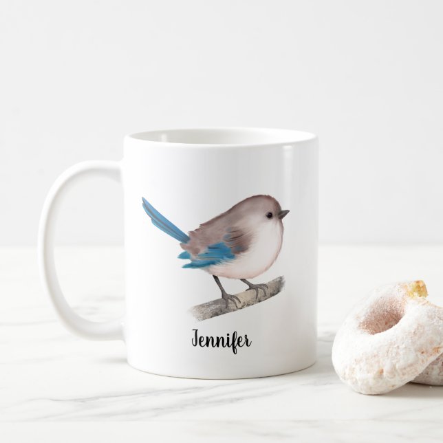 Splendid Fairy Wren Bird on Branch Coffee Mug (With Donut)