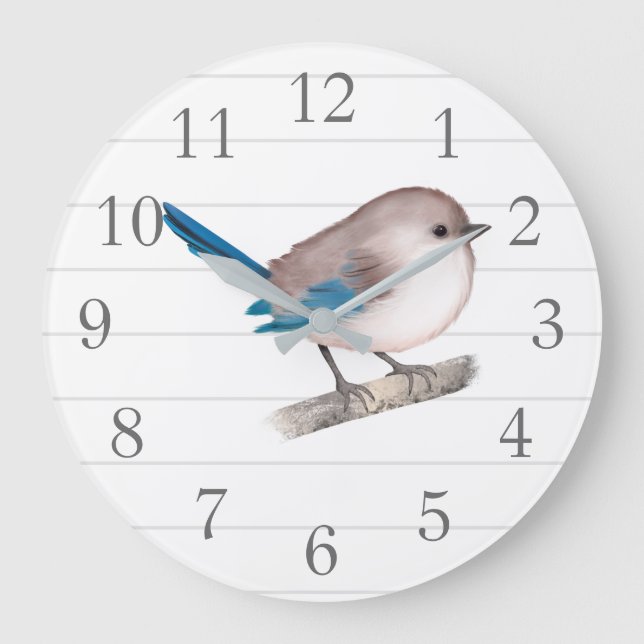 Splendid Fairy Wren Bird on Branch Large Clock (Front)