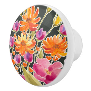 Splendid Gathering - Pink and Orange Flowers Ceramic Knob