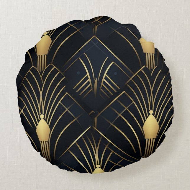 Splendid Night - Gold and Black Art Deco Round Cushion (Back)