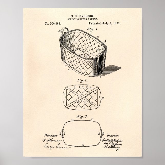 Splint Laundry Basket 1893 Patent Art Old Peper Poster (Front)