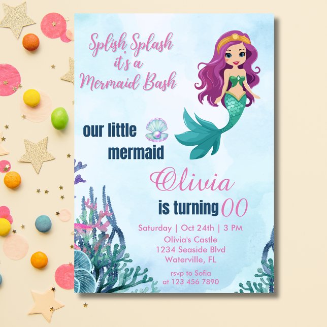 Splish Splash Bash Mermaid Any Age Birthday  Invitation (Creator Uploaded)