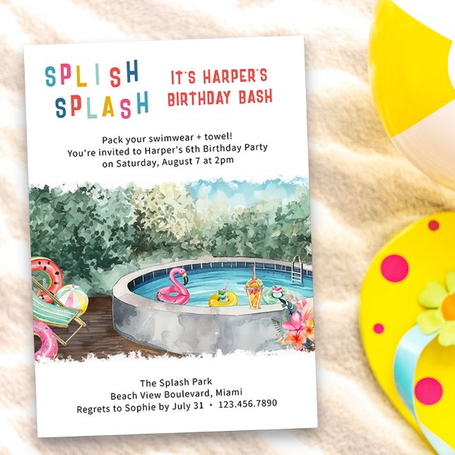 Splish Splash Birthday Bash Kids Water Party Invitation (Splish Splash Birthday Bash kids invitation - perfect for waterpark, splash park, pool party etc)
