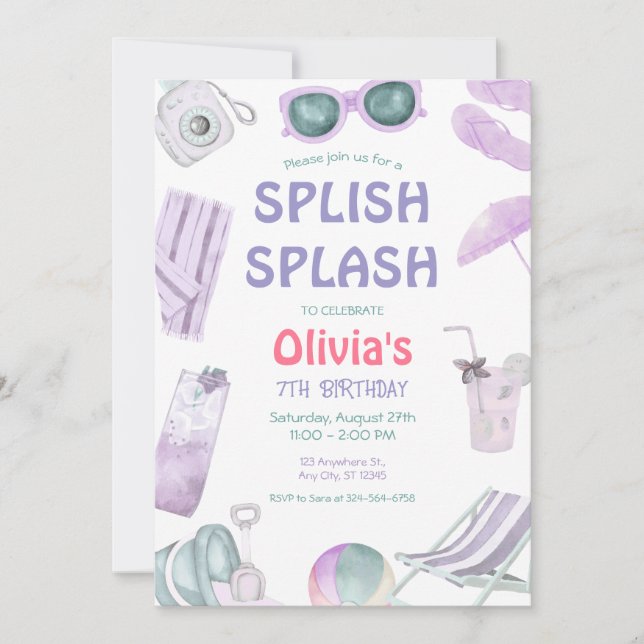 Splish Splash  Birthday Girl's Pool Party Invitation (Front)