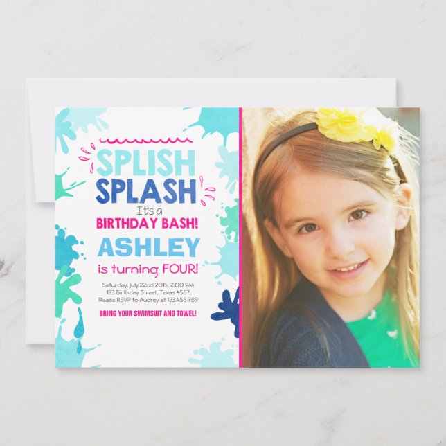 Splish Splash birthday invitation Girl (Front)