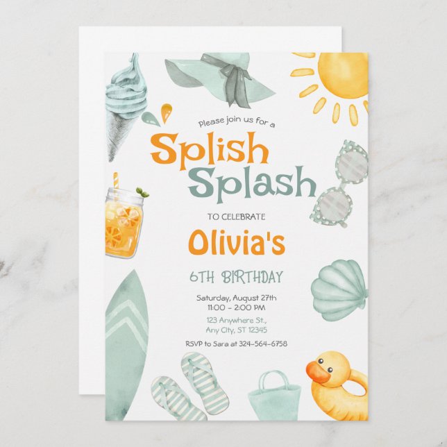 Splish Splash Birthday  Pool Party  Invitation (Front/Back)