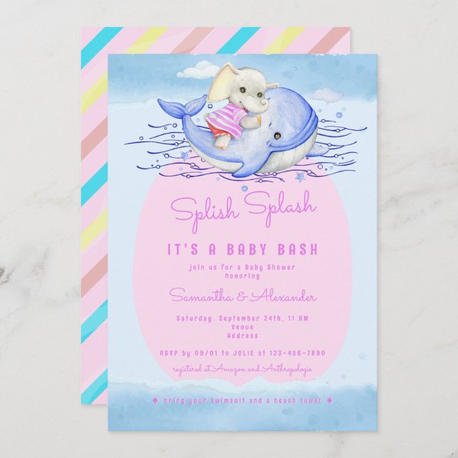  Splish Splash Elephant Pink Girl Pool Baby Shower Invitation (Front/Back)