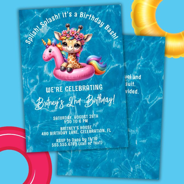 Splish Splash Girl Giraffe Pool Birthday Party Invitation (Creator Uploaded)