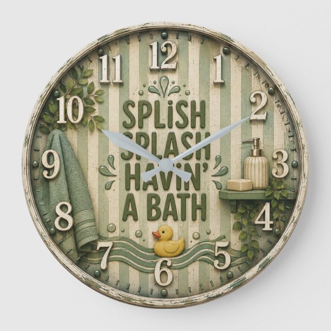 Splish Splash Havin' a Bath Farmhouse Bathroom  Large Clock (Front)