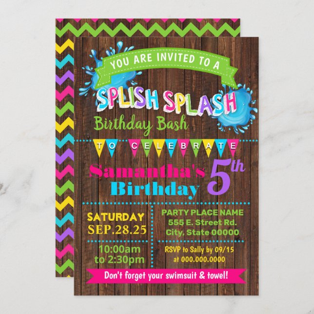Splish Splash Hot Pink birthday summer bash party Invitation (Front/Back)