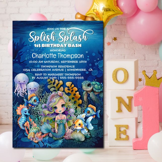 Splish Splash Mermaid 1st Birthday Bash Invitation (Creator Uploaded)